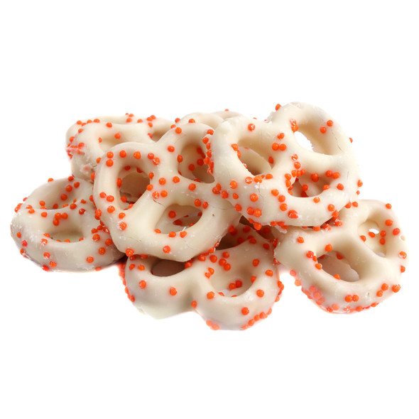 Fall mini yogurt pretzels, white coated with vibrant orange nonpareils, sweet and salty, approx 90 pieces per pound.