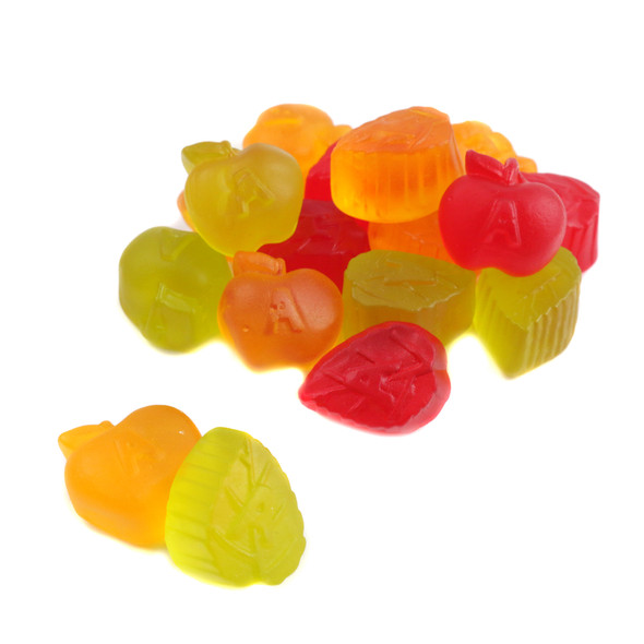Albanese Apple Orchard Gummies, 128 per lb. Red, green apple-shaped candy, McIntosh, Red Delicious, Granny Smith flavors.
