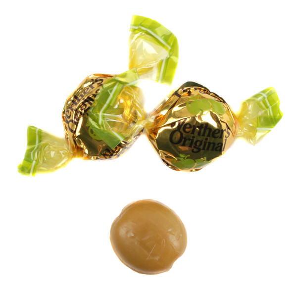 Werthers Original Caramel Apple filled hard candy, individually wrapped. Golden brown exterior, creamy green apple filling.