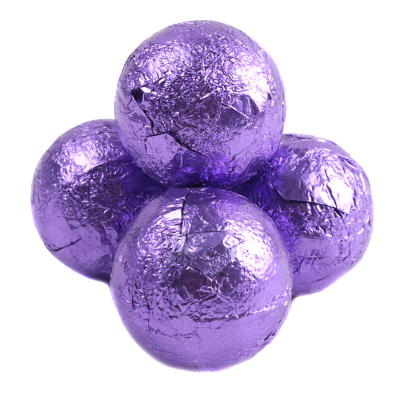 Vibrant purple foil wrapped double chocolate balls, creamy milk chocolate, approximately 35 pieces per pound.