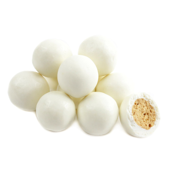 Albanese sweet white yogurt covered malt balls, approx 90 pieces per pound. Delicious candy buffet snack, Made in USA.