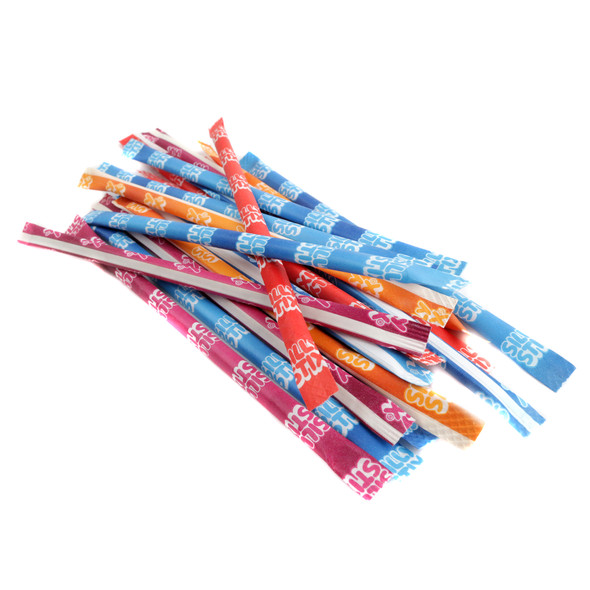 Bulk Silly Stix Candy Filled Straws, approx 200 per pound. Assorted sour powder, red, orange, purple, blue.