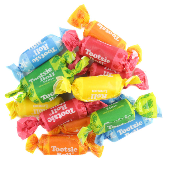 Assorted fruit flavored Tootsie Rolls, orange, vanilla, lemon, lime, cherry, 65 gluten-free chewy candies per pound.