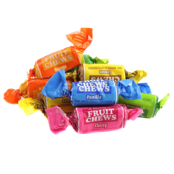 Assorted fruit flavored Tootsie Rolls, orange, vanilla, lemon, lime, cherry, 65 gluten-free chewy candies per pound.