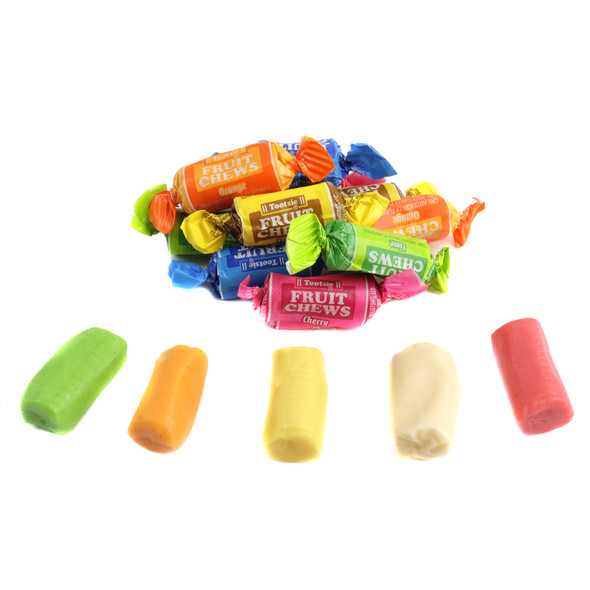 Gluten-free assorted fruit Tootsie Rolls. Orange, vanilla, lemon, lime, cherry flavors, about 65 per pound.