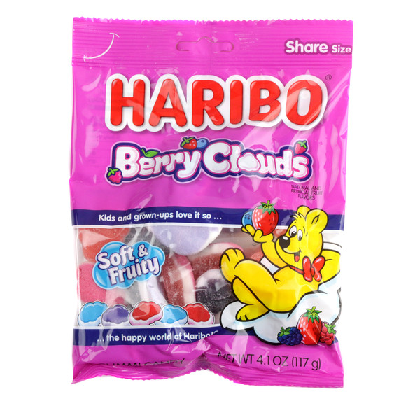 Haribo Gummy Berry Clouds, 4.1oz, 16 soft, triple-layer gummies. Assorted blue, red, purple berry flavor clouds.