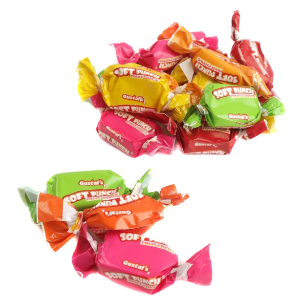 Gustaf's Assorted Soft Punch Chews. Individually wrapped, vibrant rainbow colors. Fruity cherry, mango, orange, strawberry candy.