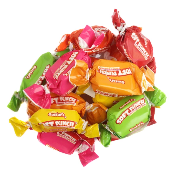 Gustaf's Assorted Soft Punch Chews, vibrant rainbow colors, individually wrapped, fruity cherry, mango, orange, strawberry, apple, lemon flavors.
