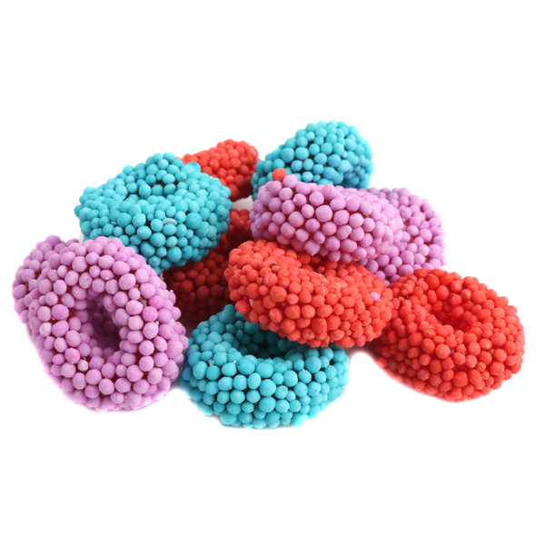 Nonpareil Covered Gummy Rings, assorted fruit colors, red, purple, orange, soft, crunchy. Approx 132 per pound.