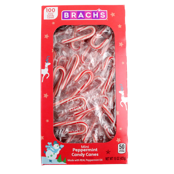 Brachs Mini Candy Canes, 100 bright red and white peppermint flavored pieces, holiday Christmas candy.