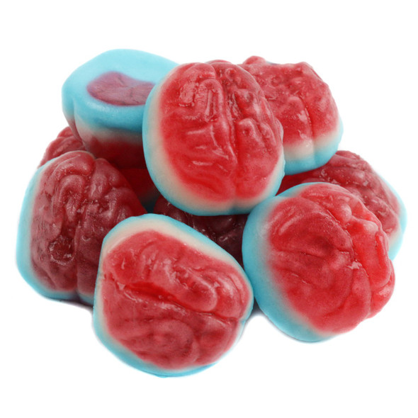 Clever Candy Gummy Brains, bright colored, 1-inch spooky Halloween gummy candy with realistic texture.