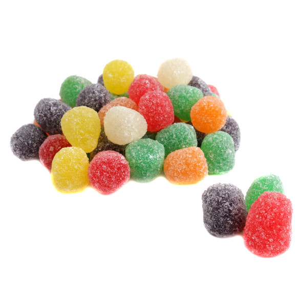 Colorful Spiced Gum Drops, 140 per pound. Six flavors: cinnamon, clove, anise, spearmint, sassafras, wintergreen.