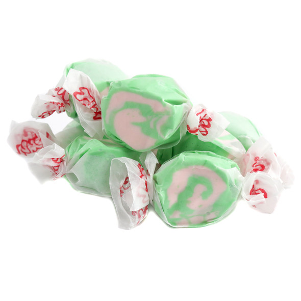 Vibrant pink Taffy Town Salt Water Taffy Cherry Limeade, individually wrapped, with sweet, tangy cherry and lime flavors.
