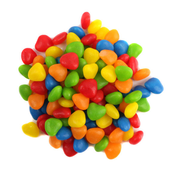 Assorted heart-shaped imperials, shiny rainbow candy with fruit flavor. Perfect for dessert toppings, baking candy.