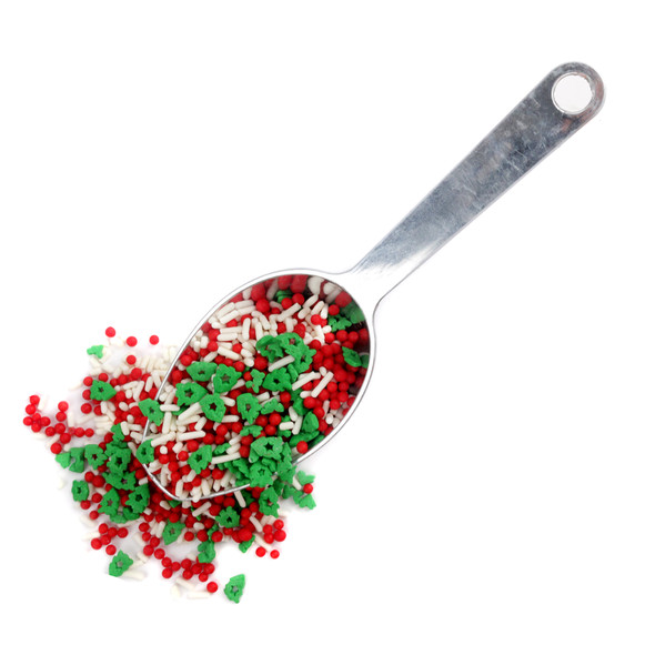 Christmas Tree Sprinkle Mix with green tree cutouts, soft white sprinkles, and striking red nonpareils for holiday baking.