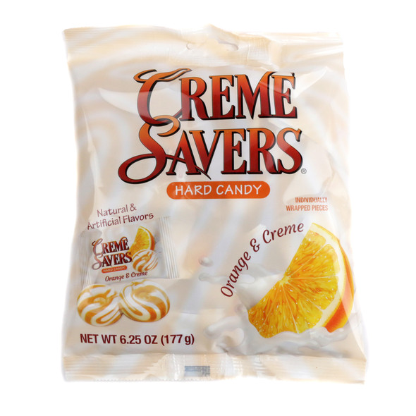 Creme Savers Orange Creme hard candy, 6.25oz bag, approx 42 individually wrapped orange and cream swirl pieces.