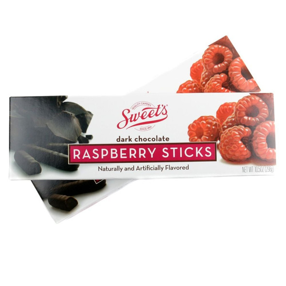 Sweets dark chocolate raspberry sticks, 10.5oz box, 35 sticks. Rich brown chocolate, vibrant red raspberry jelly.