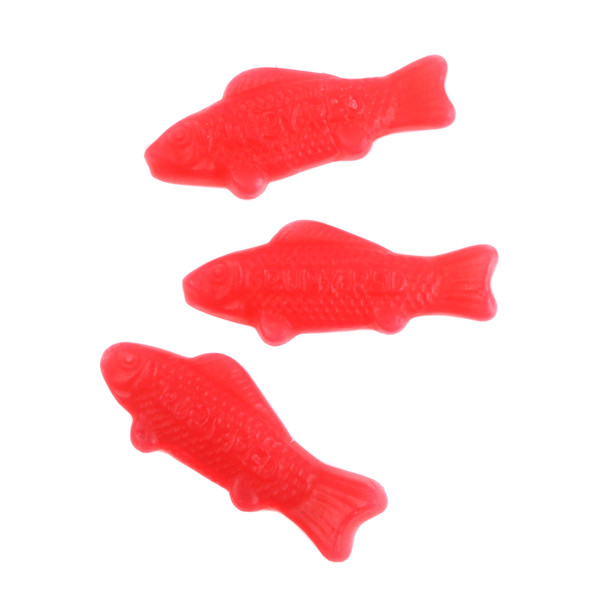 Vibrant ruby red Canada Candy gummy fish, cherry flavored, chewy, fish shaped, approx. 100 per pound.