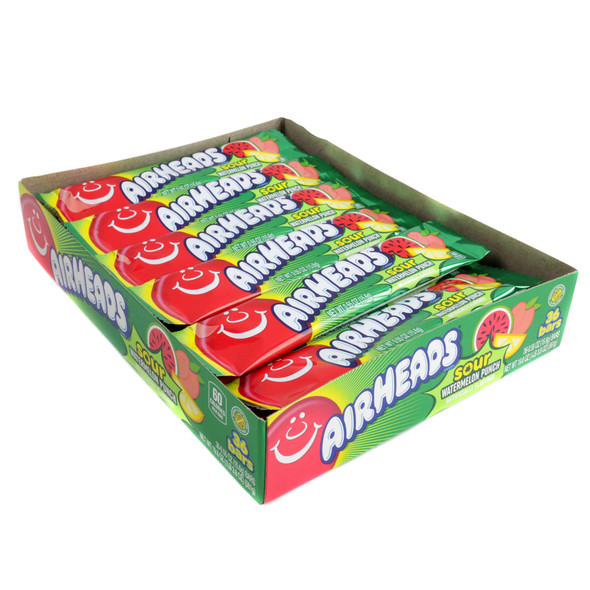 Airheads Sour Watermelon Punch chewy candy, 36 vibrant green pieces, tart sweet watermelon flavor.