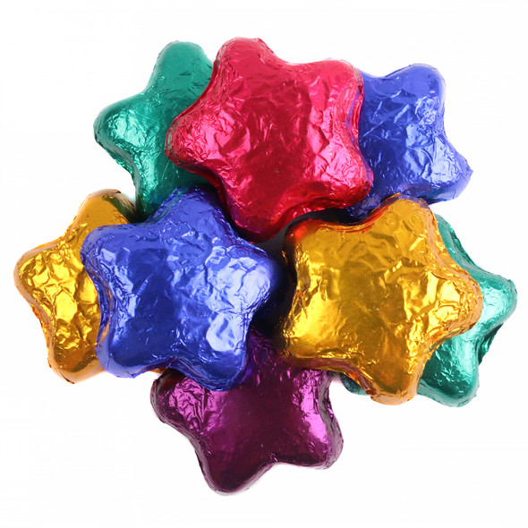 Madelaine Dark Chocolate Assorted Stars, velvety, sparkling assorted foils, approx 45 per pound, 1.5 inches, USA made.