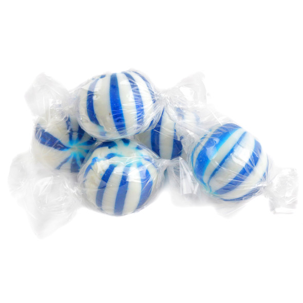 Jumbo blue raspberry hard candy balls, blue and white stripes, individually wrapped, bulk, about 45 pieces per pound.