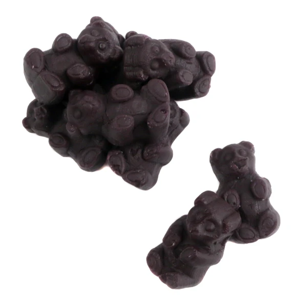 Deep black licorice juju bears, soft, chewy, approximately 50 bears per pound.