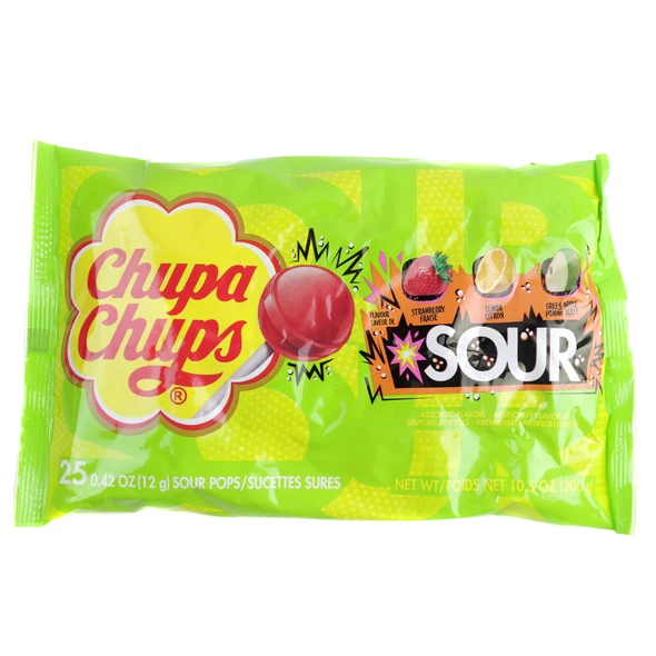 25 Chupa Chups Sour Pops, red strawberry, yellow lemon, green apple lollipops.