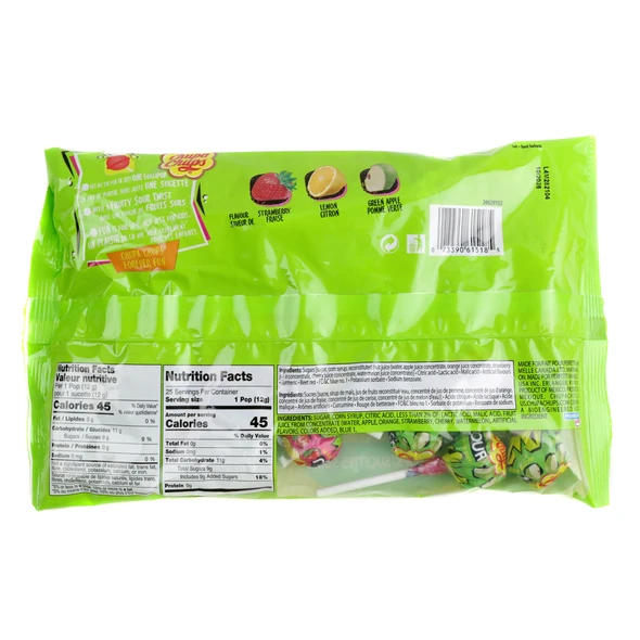 Close-up view of the back package of Chupa Chups Sour Pops showing the full ingredients list, allergy information, and nutrition facts table.