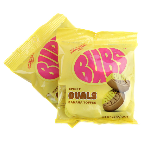 5.5oz bag of vibrant yellow Bubs Banana Toffee Ovals, oval-shaped gummy candy with banana & toffee.