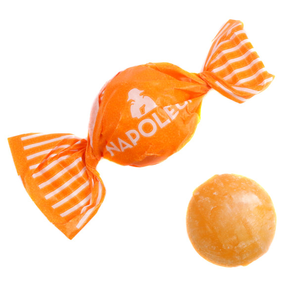 Napoleon Sour Orange Bon Bons, brilliant orange hard candy, approximately 65 individually wrapped pieces per pound.
