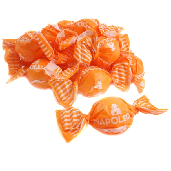 Napoleon Sour Orange Bon Bons, individually wrapped, brilliant orange hard candy, approx. 65 pieces per pound.