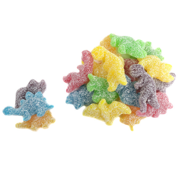 Vibrant, colorful sour dinosaur gummies, shaped as T-rex, Pterodactyl, Stegosaurus. Approx 85 Herberts Best Rawr Gummies per pound.