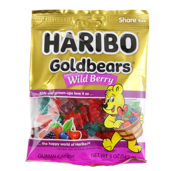 Haribo Wildberry Gummy Bears, 5oz bag. Assorted red, blue, purple, pink gummy bears: blueberry, cherry, blackberry, strawberry, raspberry.