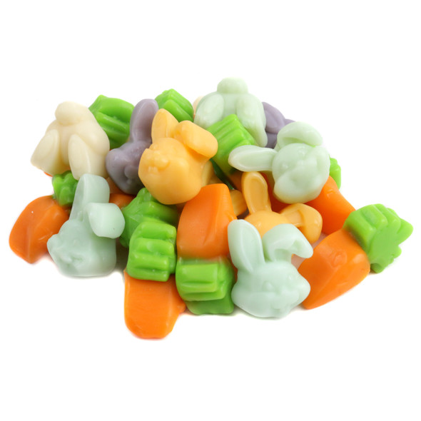 Approx. 140 Albanese Cottontail Gummies, pastel carrots, bunnies, Easter shapes, purple, blue, yellow, orange fruit flavors.