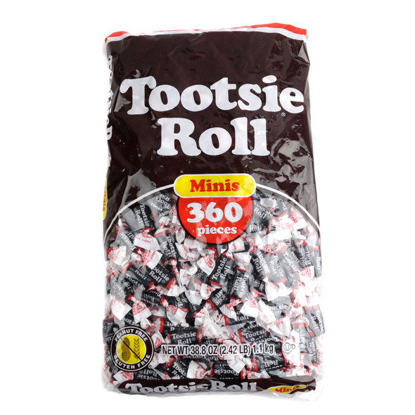 360 piece bag of chewy, bite-size chocolate brown Tootsie Roll Midgees candy. Made in USA.