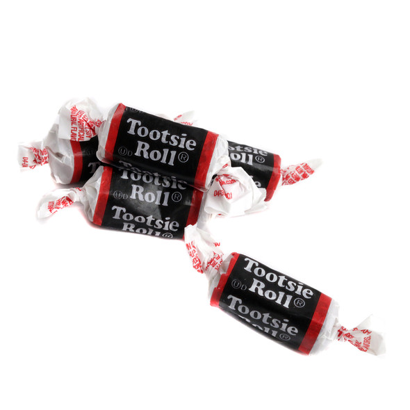 Chocolate Midgees Tootsie Rolls, chewy, dark brown, bite-sized, approx 65 per pound.