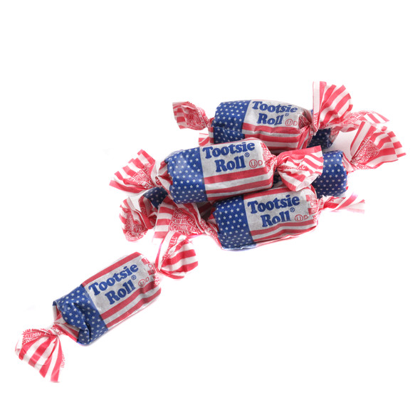 Approximately 70 red, white, blue USA Flag Tootsie Roll Midgees, individually wrapped, chewy chocolate, patriotic candy.