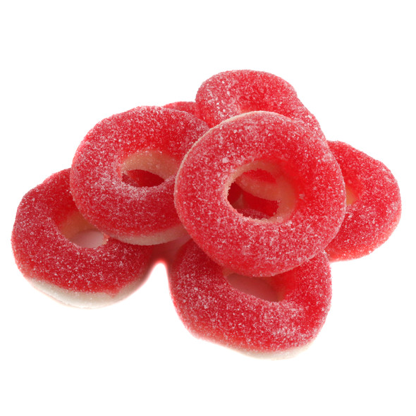 Bright red and white cherry gummy rings, approximately 55 pieces per pound.