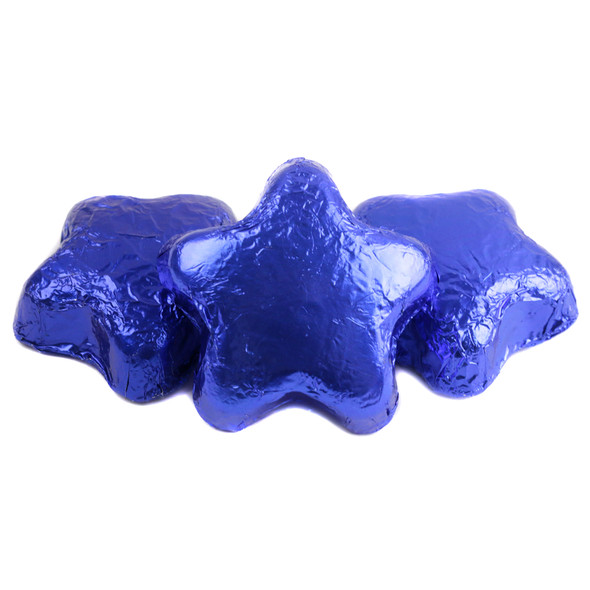 Madelaine milk chocolate stars, bright blue foil, approx 45 pieces per pound, 1.5 inches each.