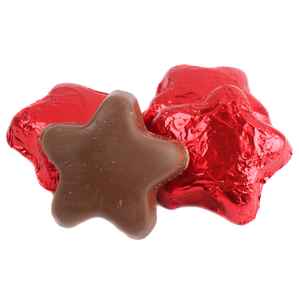 Madelaine Chocolate Stars, red foil-wrapped milk chocolate candy, approximately 1.5 inches, 45 per pound.