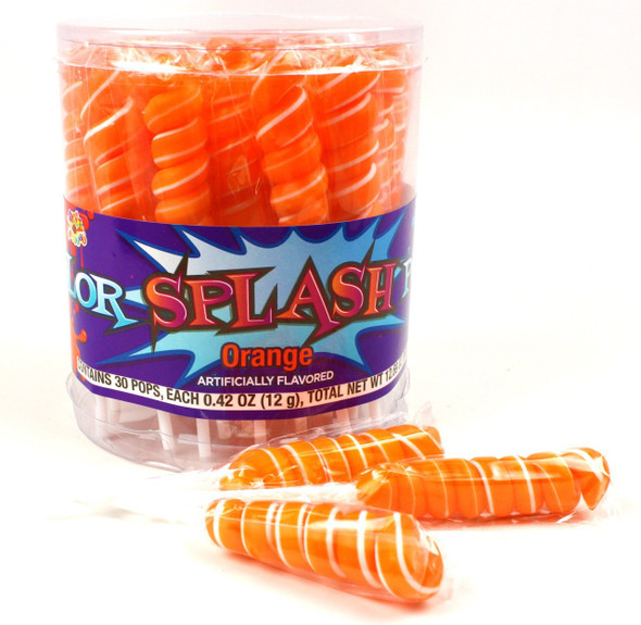 Bright orange, citrus Orange Twist Lollipops, 30 individually wrapped pieces.