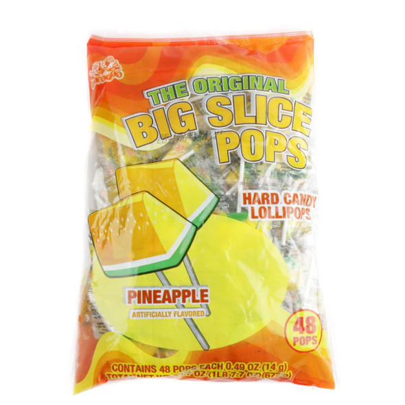 Fruity yellow triangle pineapple Big Slice Pops lollipops, 48 individually wrapped hard candies per bag, 16 bags.