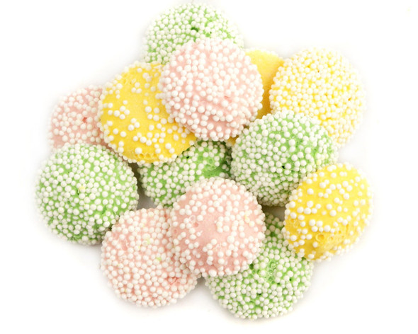Pastel pink, green, yellow creamy mint nonpareils with white seeds, 20lb box.