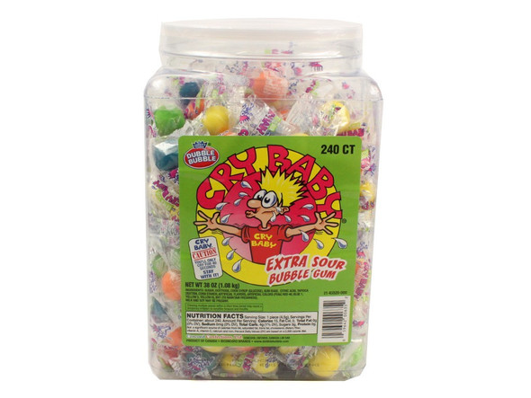Cry Baby extra sour gumballs, 240 individually wrapped pieces, 38oz, in a large clear jar.
