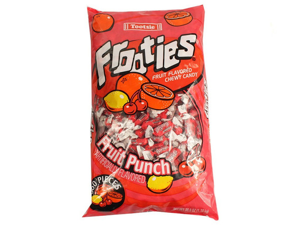 360 Fruit Punch Frooties, soft chewy red and pink fruit-flavored candies in a large bag.