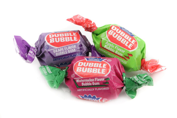 Dubble Bubble 25 LB bulk case, assorted watermelon, green apple, grape bubble gum, individually wrapped.