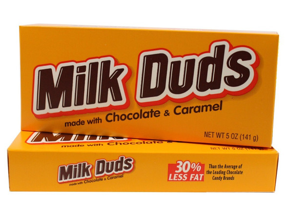 Milk Duds chocolate-covered caramels, 12 count 5oz iconic yellow boxes, retro candy.