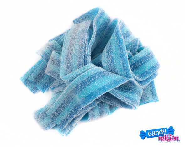 19.8 LB case of Dorval Berry Blue Sour Belts. Long, stretchy blue raspberry sour candy belts, approx. 50 per pound.