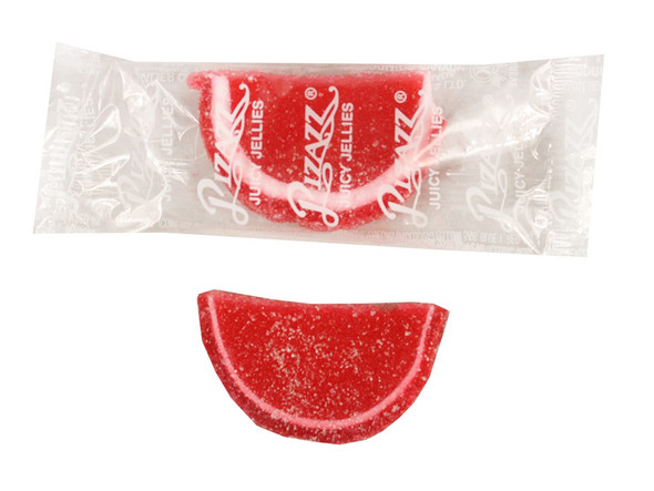 20lb bulk raspberry jelly fruit slices candy, sugar-drenched, individually clear wrapped, approx 32 per pound.