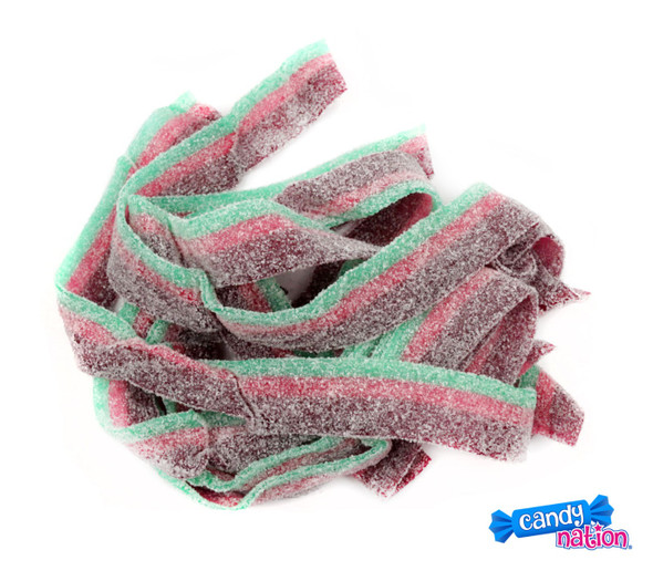 Dorval Sour Belts, 19.8 LB case of long red and green striped watermelon flavored sour candy belts, coated in sugar.